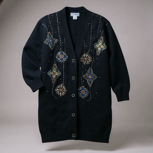 Vtg Lambswool Angora Beaded Long Cardigan Sweater Jewel Gold Medium Carducci 90s - Picture 1 of 5